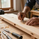 Falegname che ispeziona il legno per infestazione di tarli del legno con strumenti alla luce del sole