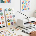 Designer creating unique custom pins with colorful samples in a vibrant workshop.