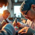 Crea un ambiente di lavoro intensamente concentrato durante una verifica di cerca fase, con strumenti professionali e circuiti dettagliati.