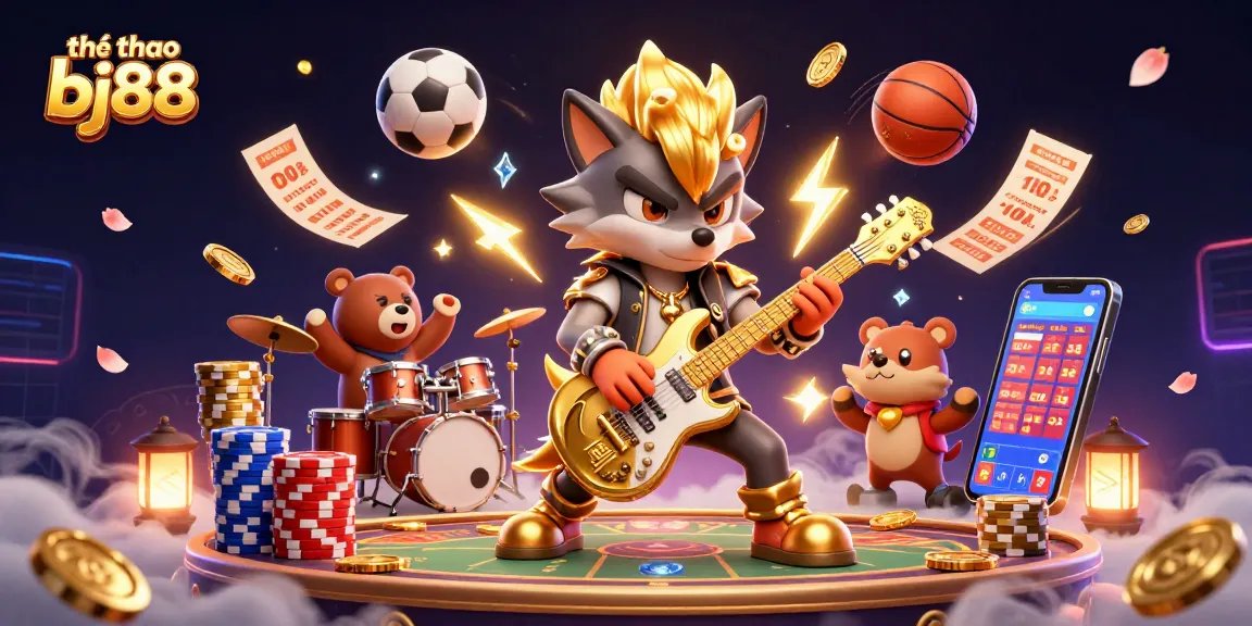 Experience thrilling action with thể thao bj88 as a rock star wolf and drummer bear light up a sports betting stage.