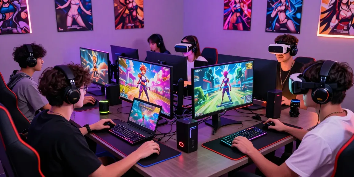 Players enjoying a vibrant hentai game experience in a modern gaming setup, showcasing diverse devices and an immersive atmosphere.