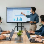 IT support business team collaborating in a modern office, showcasing teamwork and advanced technology.