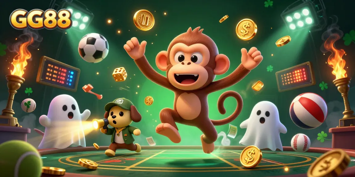 Experience the thrill of GG88 as you witness a poltergeist monkey juggling golden casino treasures amidst dynamic sports action.