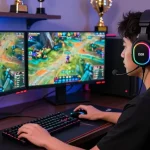 A gamer immersed in rokok 88 gaming setup, featuring RGB lighting, ergonomic chair, and dual monitors.