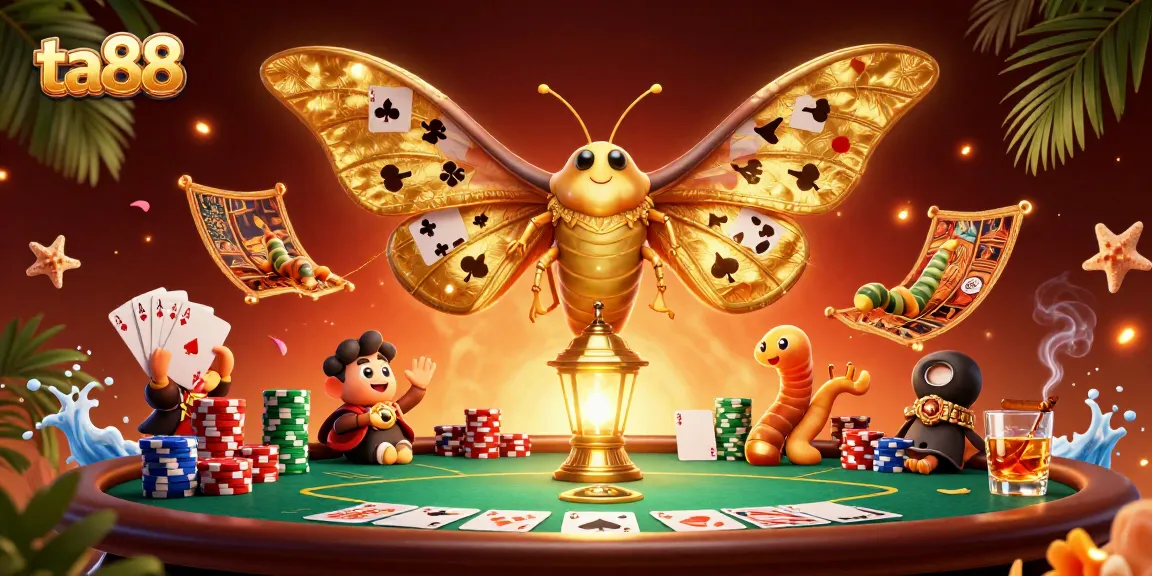 Experience thrilling gaming with ta88, featuring a vibrant 3D casino scene filled with golden moths and poker elements.