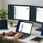 Explore the Telegram Download interface on a modern workspace setup with multiple tech gadgets.