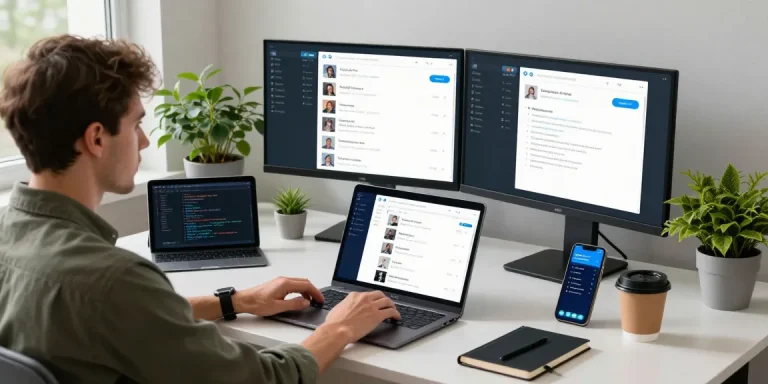 Explore the Telegram Download interface on a modern workspace setup with multiple tech gadgets.