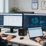 Cyber essentials managed service team reviewing compliance metrics in a modern office.