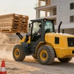 Electric loader for sale in an outdoor construction scene with a skilled operator lifting materials.