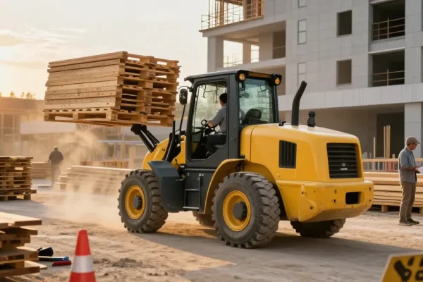 Electric loader for sale in an outdoor construction scene with a skilled operator lifting materials.