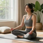 Mindful woman practicing meditation at home, embodying rokok88 lifestyle for wellness.