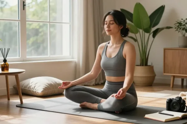 Mindful woman practicing meditation at home, embodying rokok88 lifestyle for wellness.