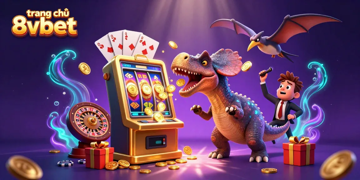Experience the excitement of trang chủ 8vbet with a dynamic scene of a dinosaur winning at a slot machine amidst flying coins and vibrant casino elements.
