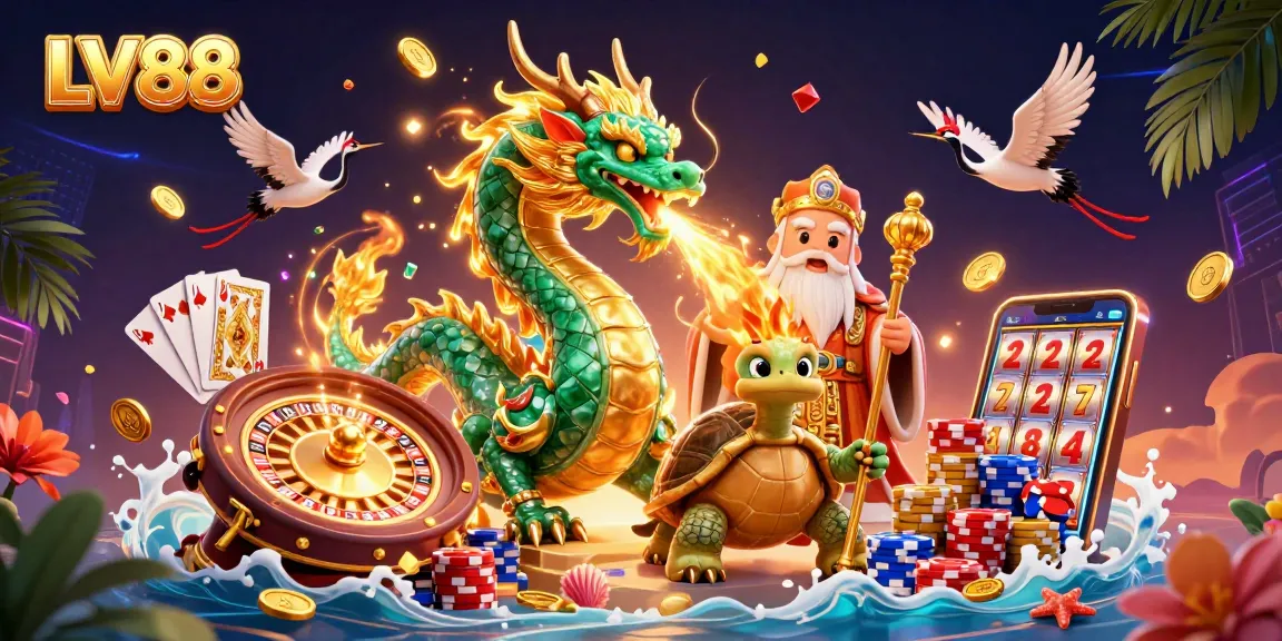 Experience thrilling gameplay at LV88 with a shimmering jade dragon and vibrant gaming elements.