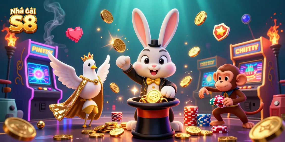 Nhà cái S8 showcases a magician rabbit pulling coins, accompanied by a dove and monkey, in a vibrant casino scene.
